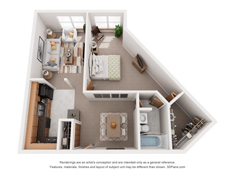 Floor plan for 1 bed, 1 bath, 728 sqft